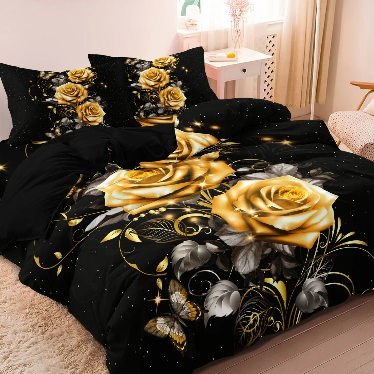 parure  de  lit roses  jaunes  fleuri  commode 